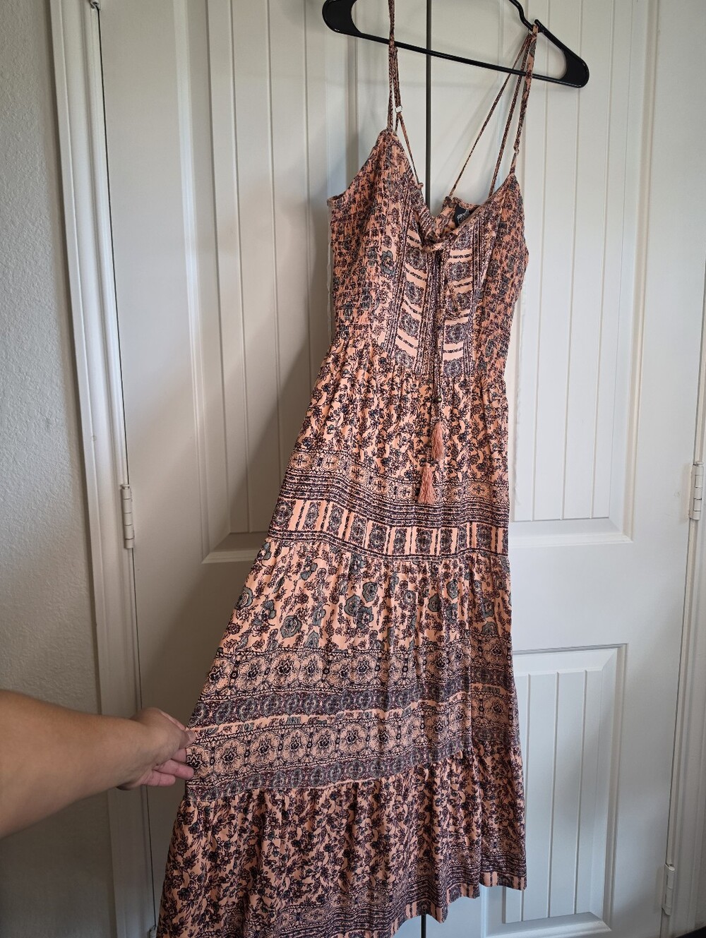 Angie Boho Paisley Print Tiered Maxi Dress Peach Coral Size L